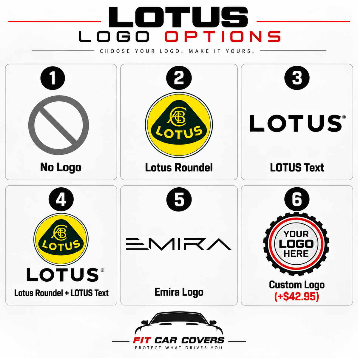 Lotus logo options for custom indoor car cover