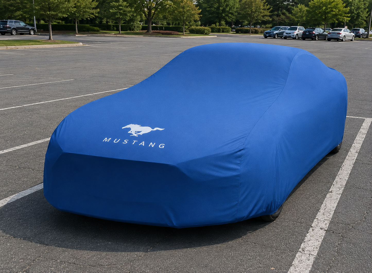 Ford Mustang with a blue custom-fit stretch car cover showing a tailored vehicle-specific fit