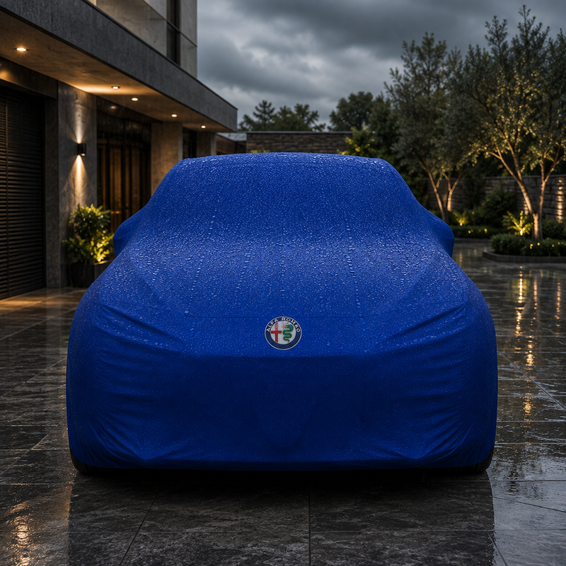 Blue Alfa Romeo waterproof outdoor car cover custom tailored fit