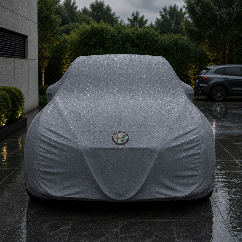 Gray Alfa Romeo waterproof outdoor car cover custom tailored fit