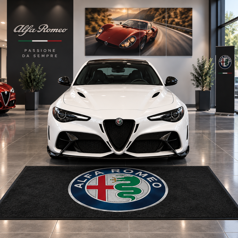 Alfa Romeo personalized car rug with non-slip backing