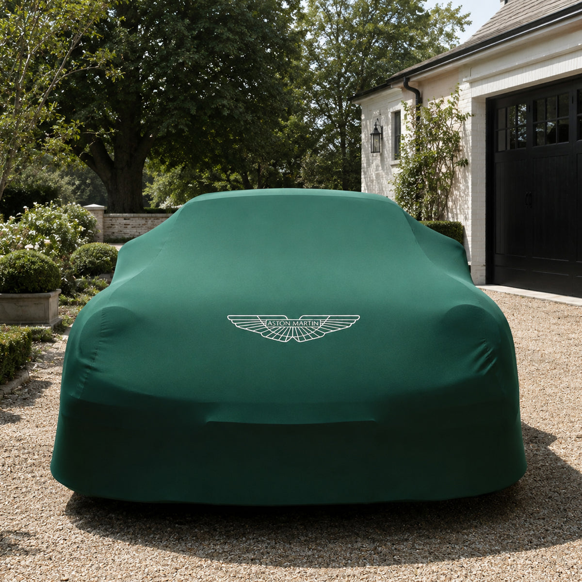 Green Aston Martin indoor car cover top view