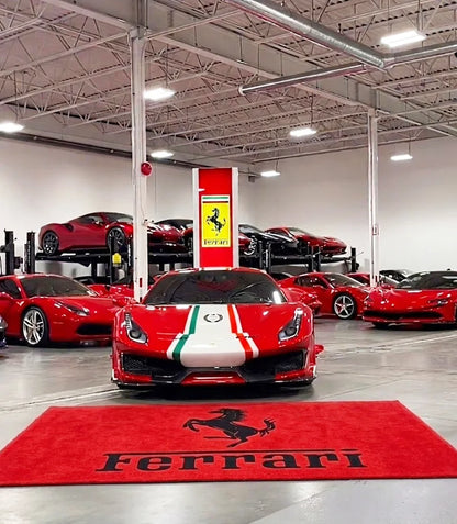 Ferrari Horse garage rug with finished edges