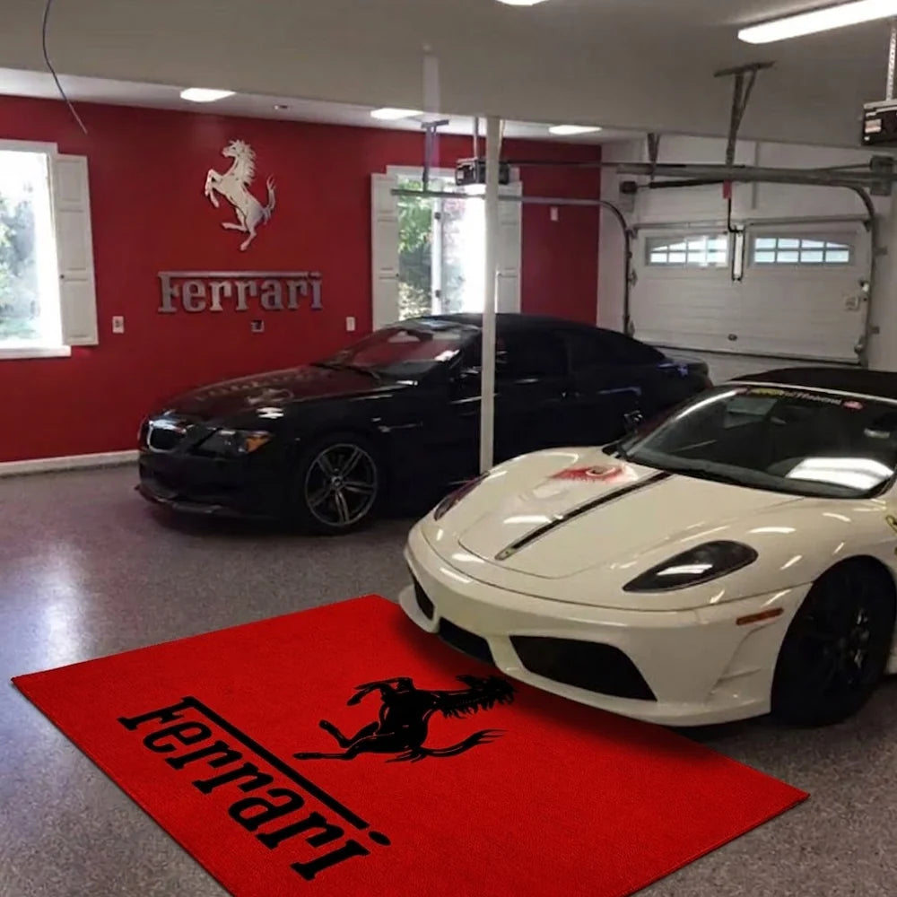 Ferrari Horse garage rug with finished edges