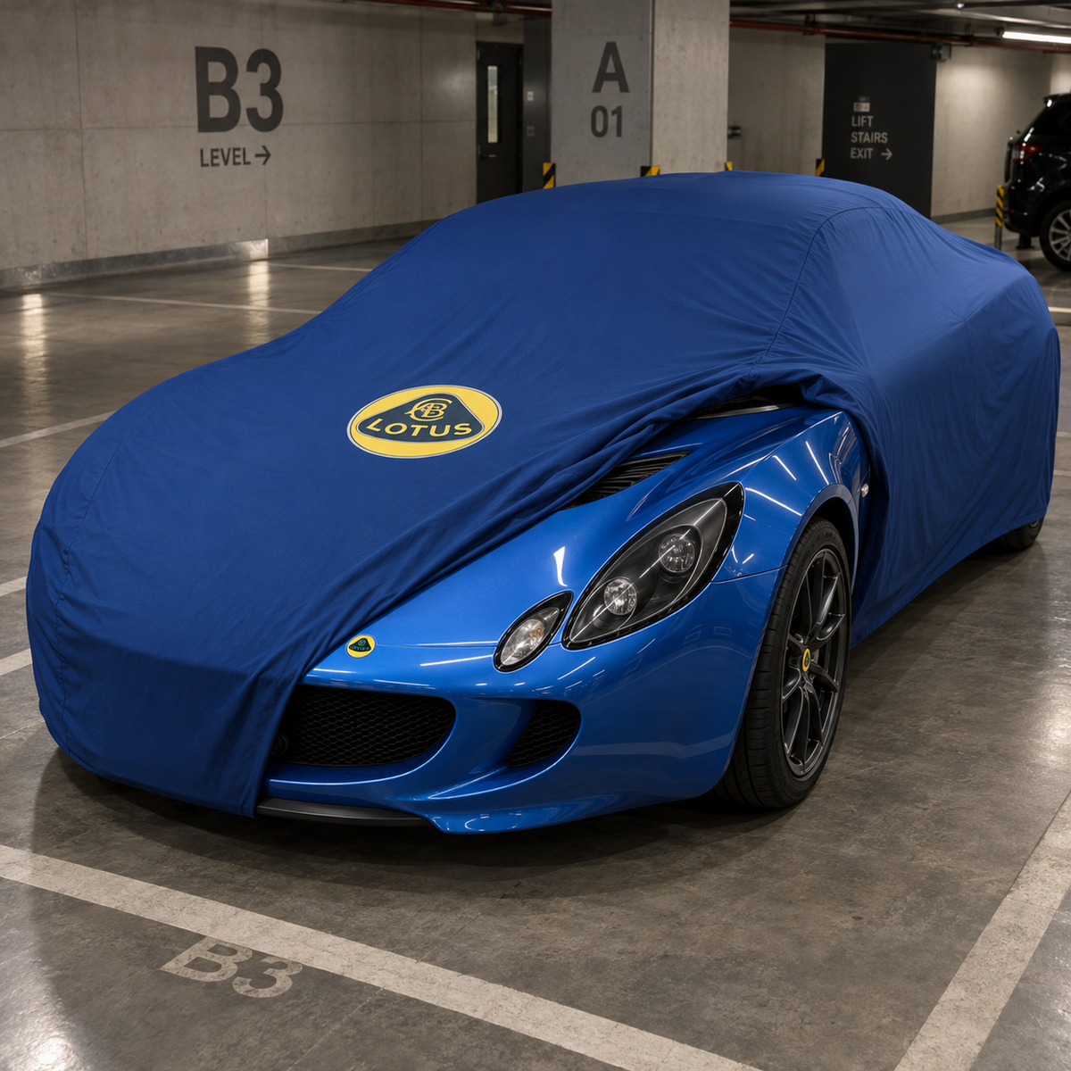 Blue Lotus indoor car cover with Lotus logo