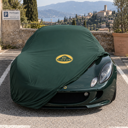 Green Lotus indoor car cover with Lotus roundel