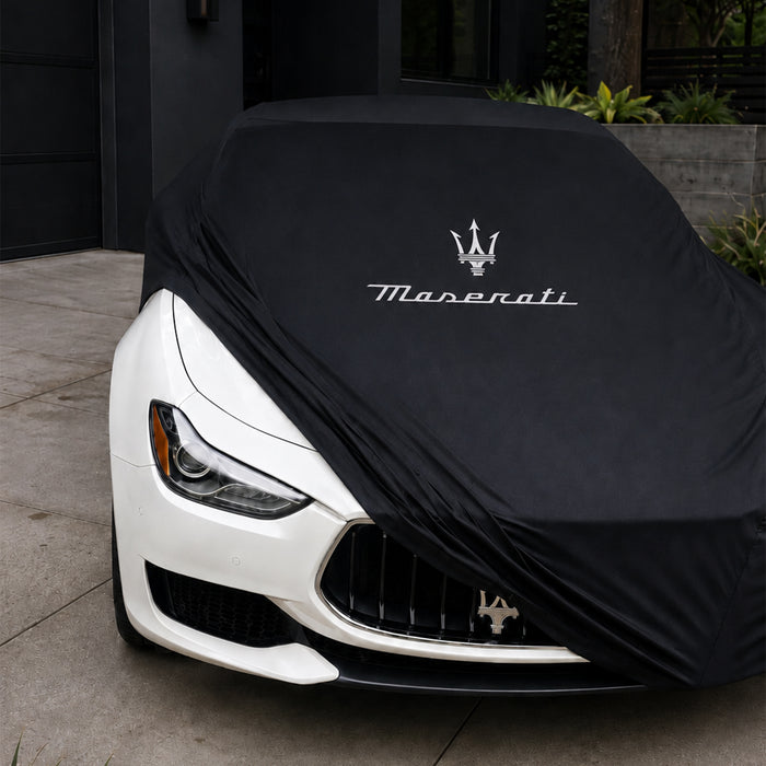 Black Maserati indoor car cover