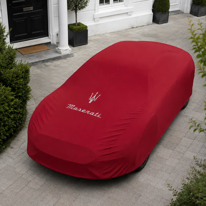 Red Maserati indoor car cover