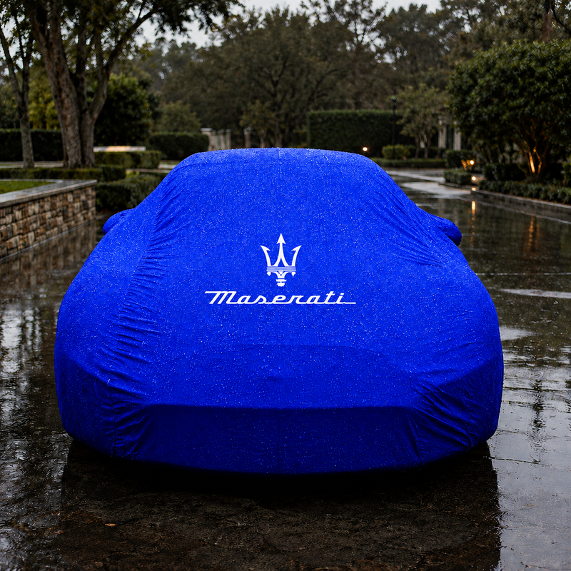 Blue Maserati waterproof outdoor car cover custom tailored fit