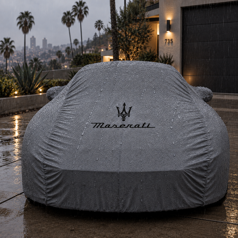 Gray Maserati waterproof outdoor car cover custom tailored fit